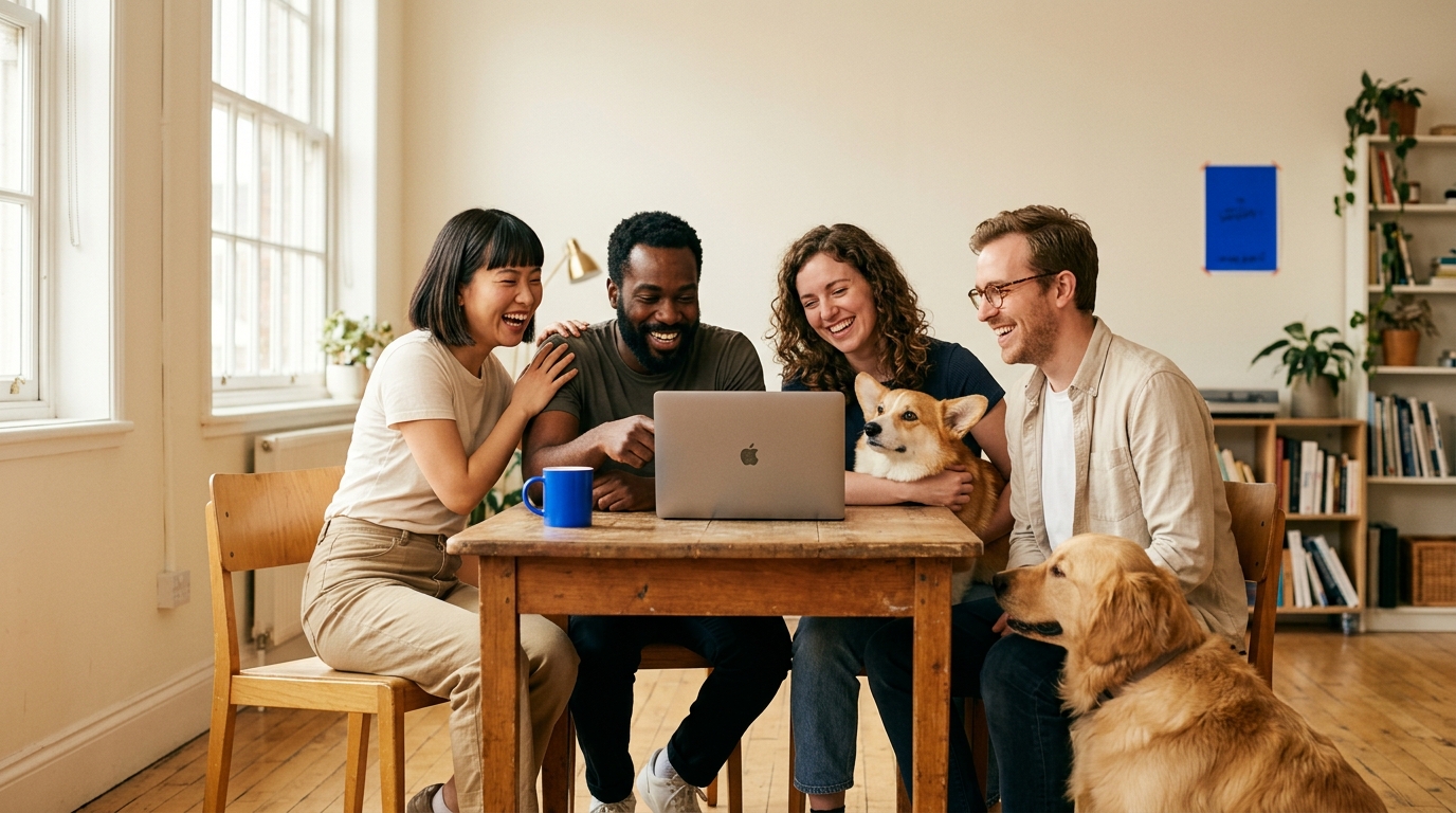 Dog Translator team gathered around a laptop with their dogs