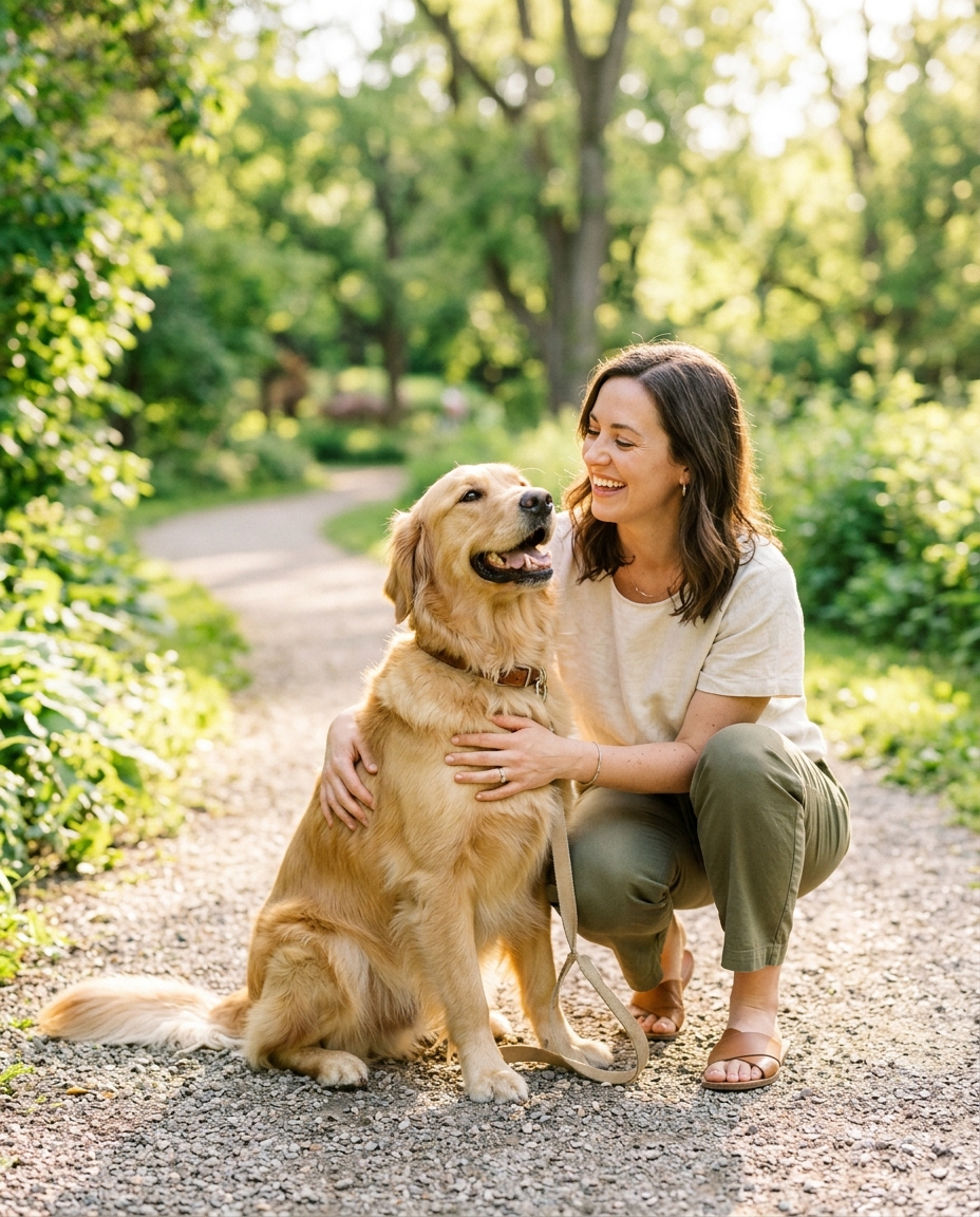 A dog and owner on a sunny walk together