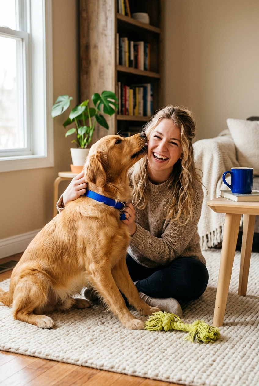 A woman laughing face to face with her dog on a living room rug
